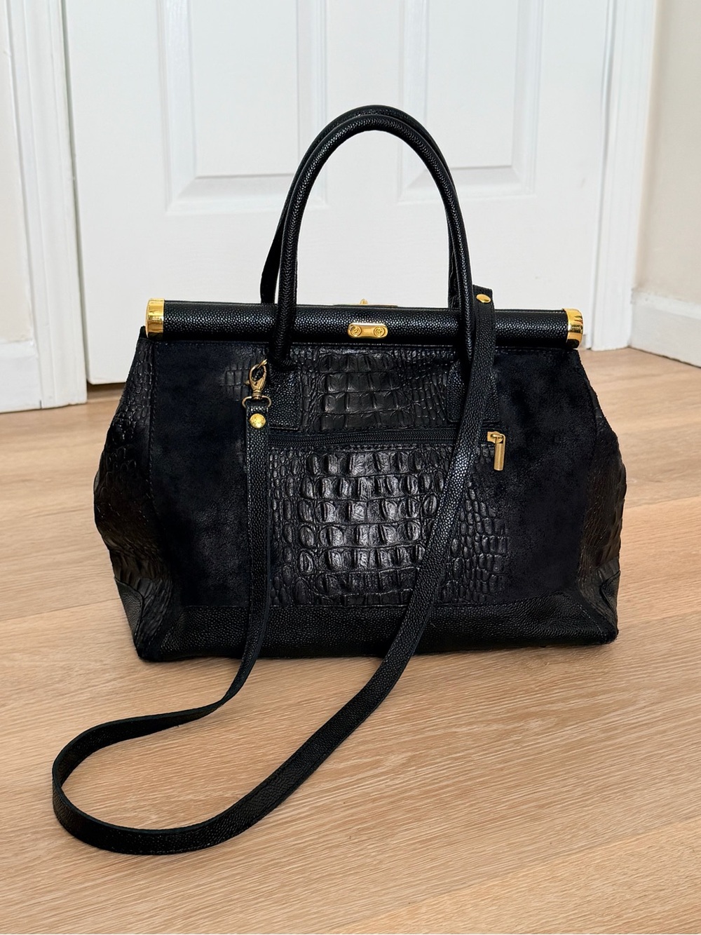 Italy Made Genuine Leather Croc Embossed Satchel Bag Suede Lock Crossbody Large - Picture 5 of 12